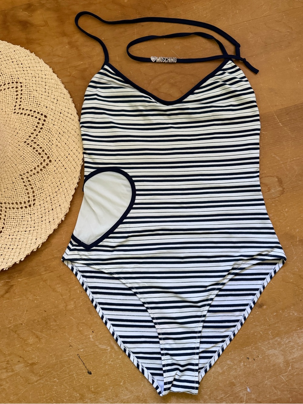 Love Moschino Heart Cutout One Piece Swimsuit Navy White Stripe Small
